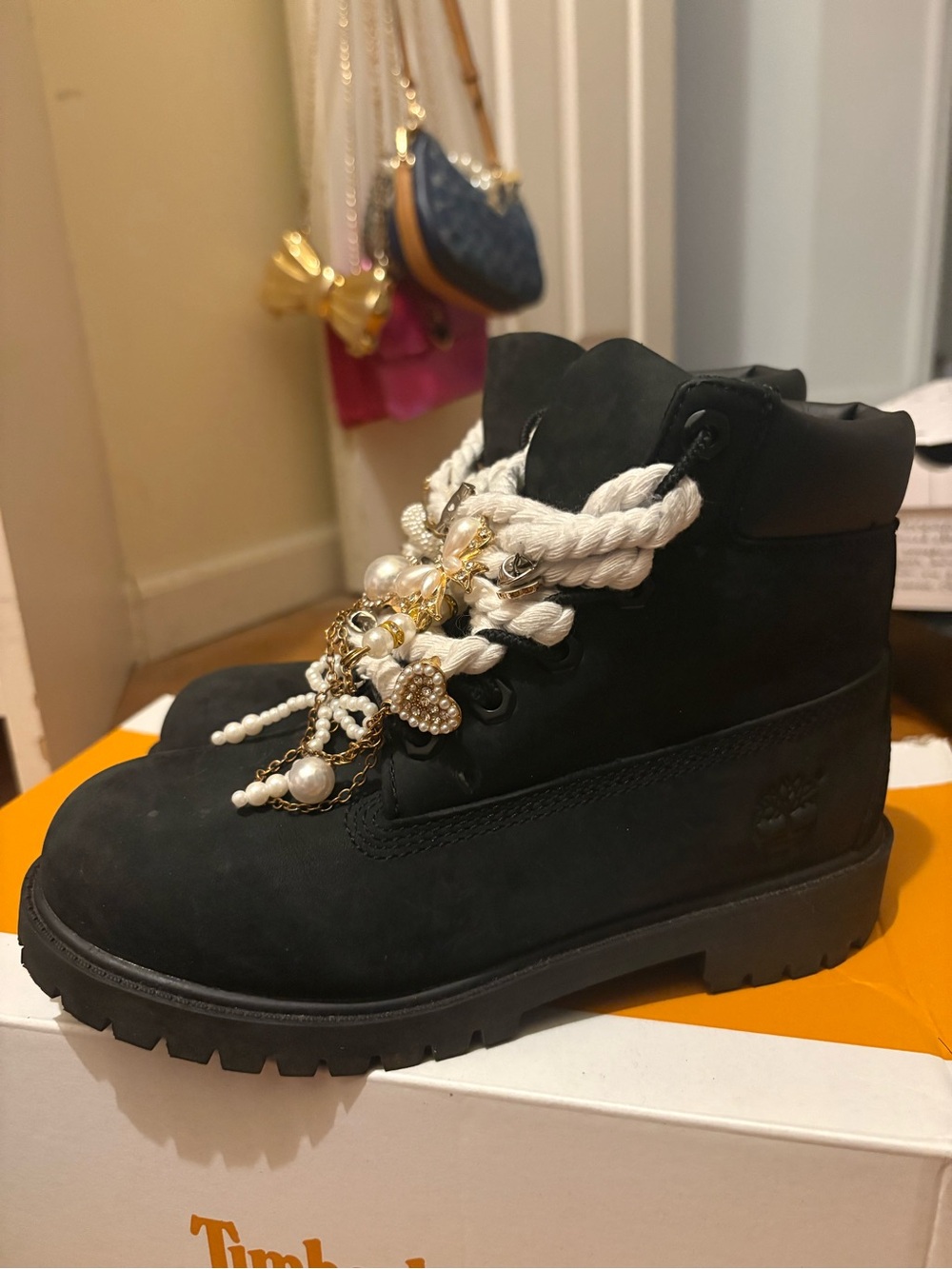 Timberland Kids Black Boot with White Rope Laces & Pearl Charms